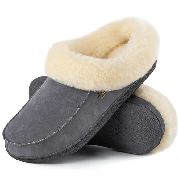 HomeTop Women's Moccasin Memory Foam Slippers Gray 11-12: Faux Fur Collar - Picture 1 of 6